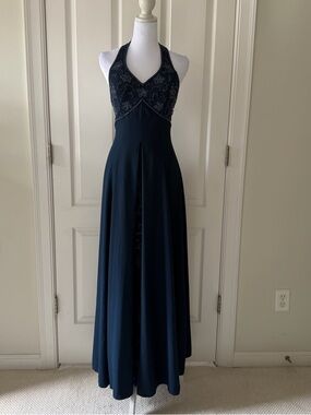 Alyce Designs Vintage Navy Beaded Halter Dress